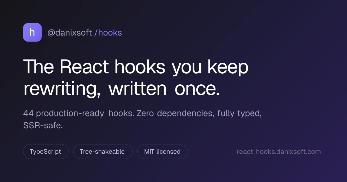 @danixsoft/hooks social card: “The React hooks you keep rewriting, written once.”