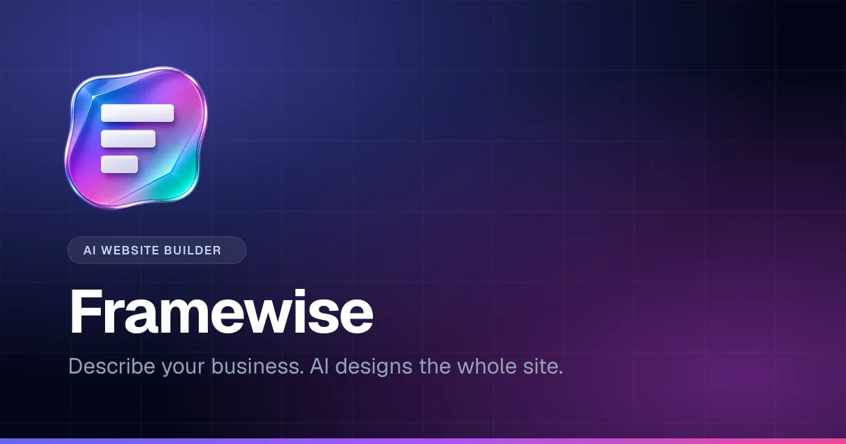 Framewise social card: the Framewise logo with the line “Describe your business. AI designs the whole site.”